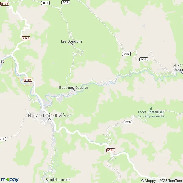 Map BédouèsCocurès map of BédouèsCocurès (48400) and practical